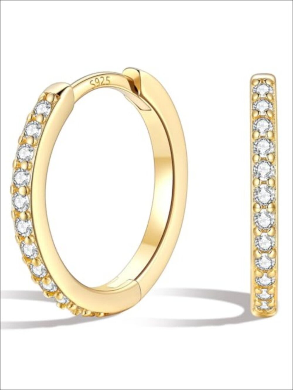 Sterling Silver Huggie Hoop Earrings 14k Gold Plated Cubic Zirconia 12MM